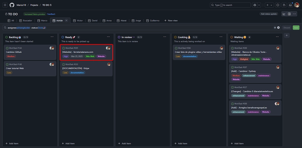 Imagen de como se ve el mural de tareas del proyecto de Github
