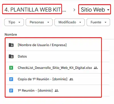 Imagen de como se ve la carpeta de plantilla web kit digital en Google Drive.
