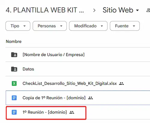 Imagen de la selección del archivo de Google Drive para la primera reunión.