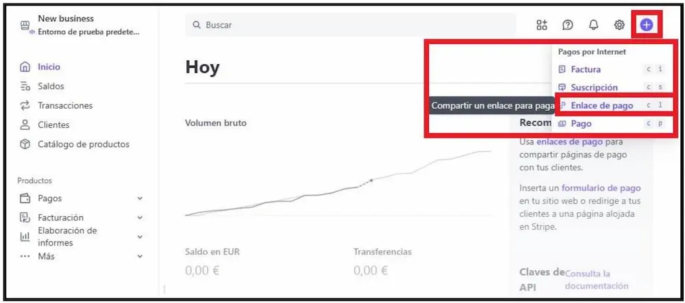 Imagen del dashboard de Stripe destacando el menú de opciones.